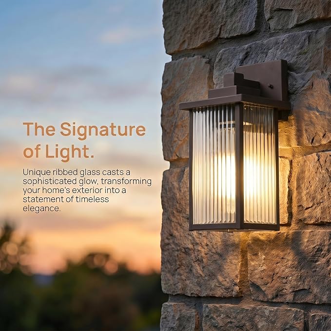 2-Pack 13" Oil-Rubbed Bronze Outdoor Wall Light, All-Metal Porch Light | Textured Glass Softens Glare, Stays Bright. Rust-Resistant Bronze Metal. Pre-Assembled DIY Install. For Porch, Garage & Entry