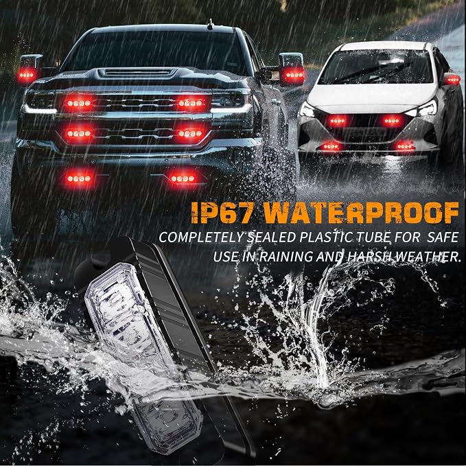 8 Pack Sync Red Grill Emergency Lights 32 LED Strobe Lights | Grille Surface Mount Light Flashing Warning Safety Hazard for Vehicles Trucks Car, ATV, UTV, Motorcycle