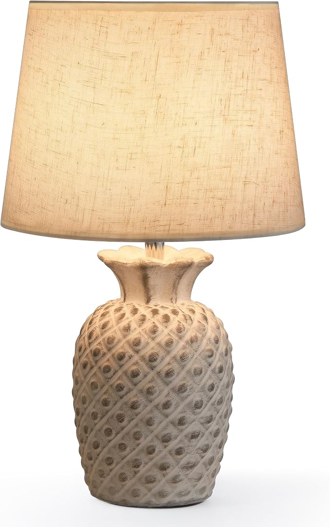 UMEXUS 13" Small Rechargeable Cordless Table Lamp, Pineapple Ceramic Base | Battery Powered, Remote Control Timer Dimmer, RGB & Warm Lights, Farmhouse Decorative Nightstand Lamp for Kitchen Living Room