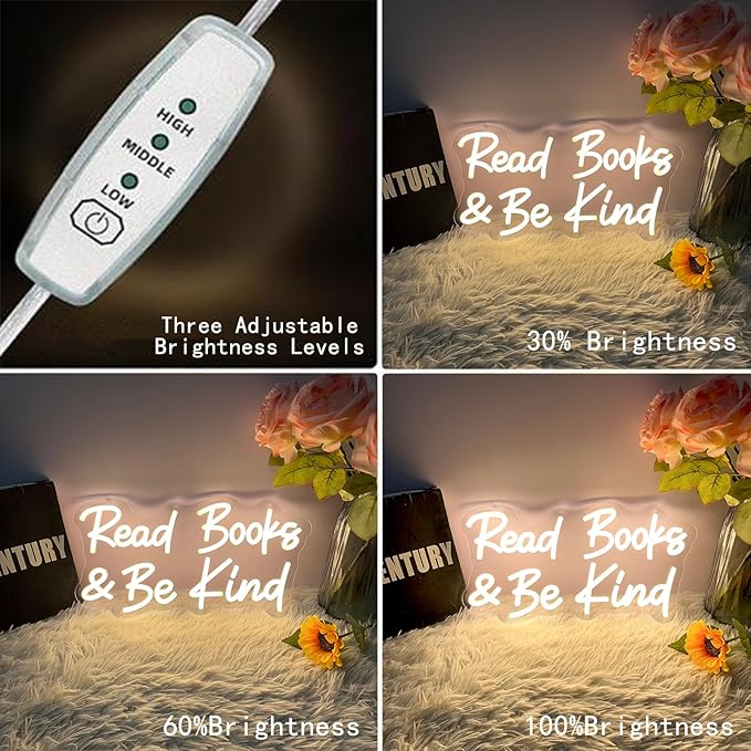 Read Books And Be Kind Neon Sign for Wall Decor, Dimmable Neon Light Signs for Bedroom LED Signs for Classroom Bookstore Library Study Reading Study Room Decoration