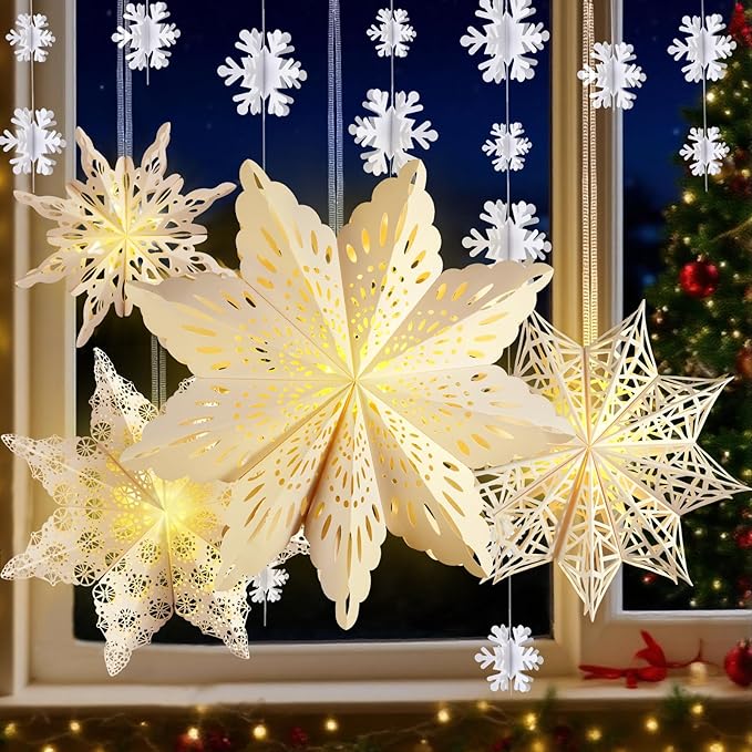 5Pcs Christmas Paper Snowflake Lanterns, Large Christmas Paper Star Lanterns with Lights & Banner White Hanging Snowflake Lamps for Xmas Winter Frozen Weddings Birthday Holiday Party Decorations