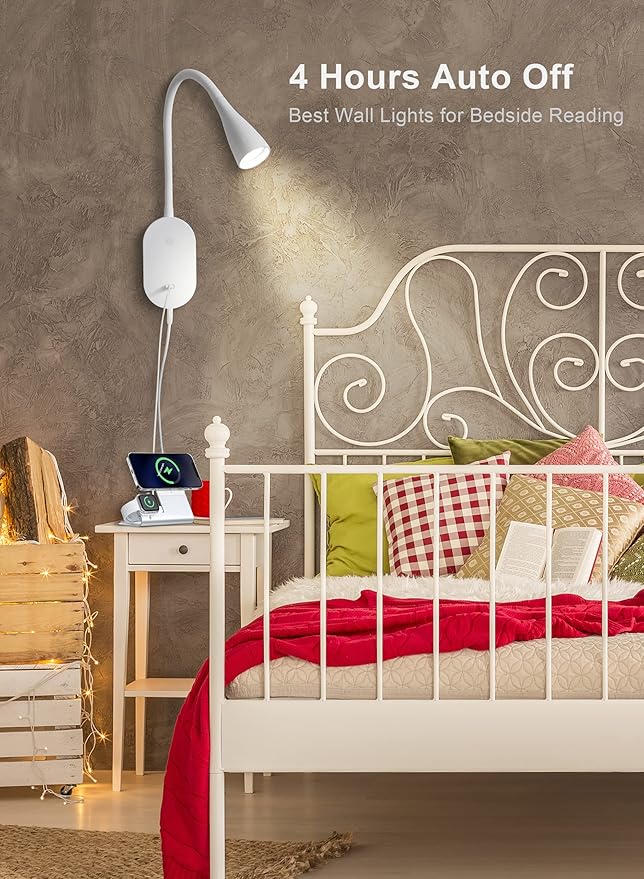 deeloop LED Wall Mount Reading Light for Bed, Reading Lamp with USB Output 5 Brightness Levels Touch Control Book Lights, 4000K Bedside Lamp Flexible Head Rotation, 2 Easy Install Options