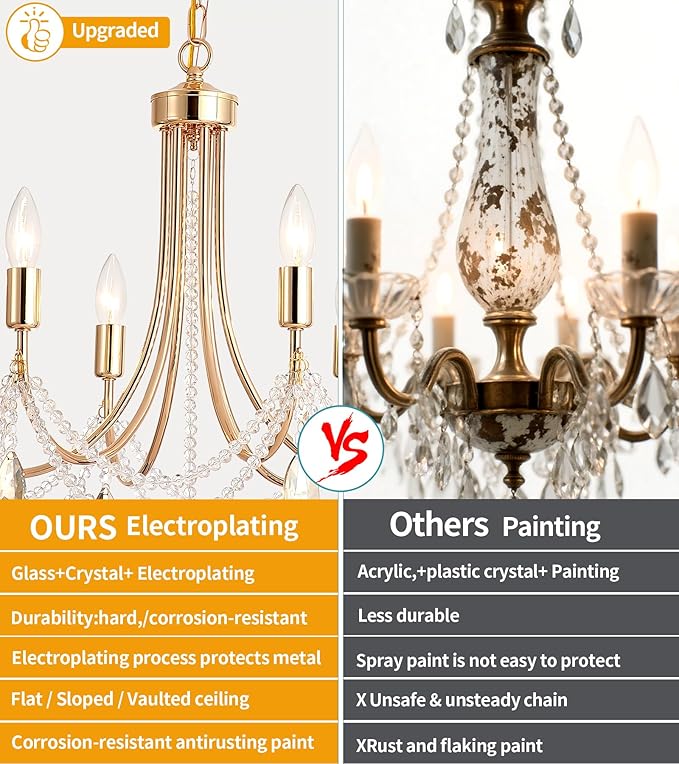 Crystal Chandelier with Pale Amber Gold Crystal, Modern Crystal Candle Hanging Pendant Lighting, French Country Gold Crystal Chandelier for Ceiling Medallions,Wedding,Dining,Kitchen,Foyer,Bedroom