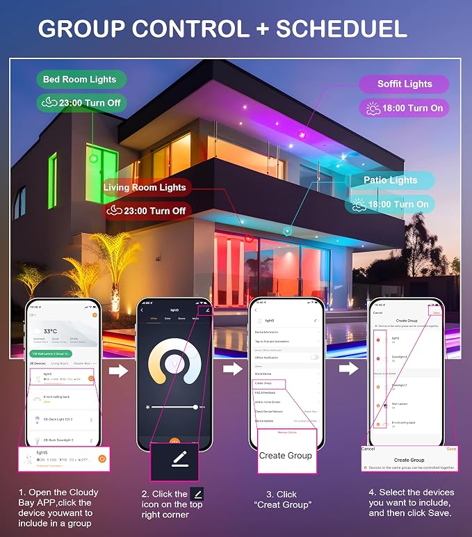 CLOUDY BAY [6 Pack] 4inch Smart WiFi LED Recessed Lights,RGBCW Color Changing Recessed Lighting,Compatible with Alexa and Google Home Assistant,10W 2700K-6500K,CRI90+ Wet Location,White Finish