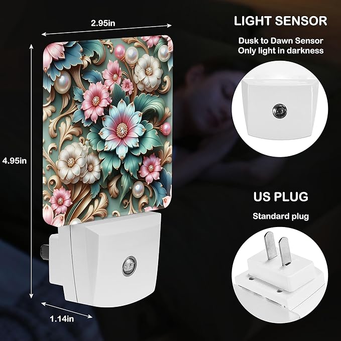 LED Night Light Lamp with Smart Sensor Dusk to Dawn Sensor,Floral Pink and Blue Flowers with Pearls Leaves Night Light Daylight White,0.5W Plug-into Wall for Adults,Bedroom,Hallway,Kitchen