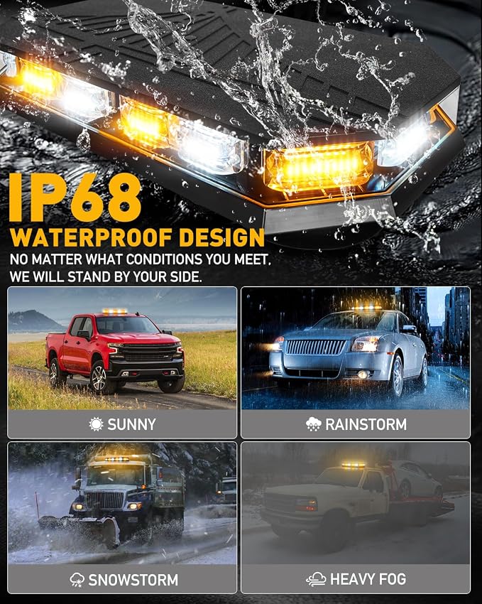HLauto 406D Rooftop Emergency Strobe Lights Bar, 102 LED Amber White Mini Beacon Safety Flashing Warning Traffic Lights Bar w/Magnetic Base for 12-24V Trucks, Construction Vehicles, Snowplow, Cars