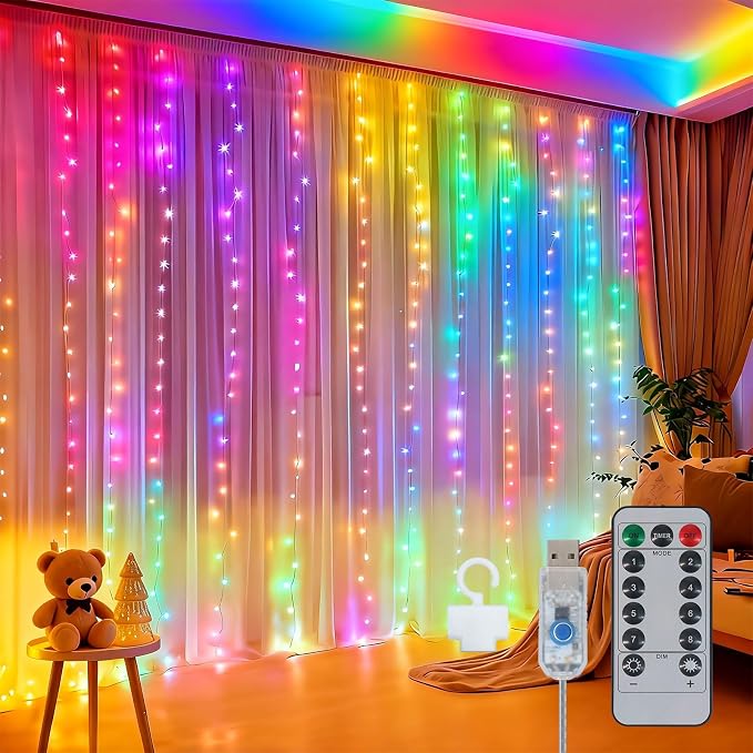 300LED Fairy Curtain Lights 9.8ft x 9.8ft LED Dimmable Twinkle Lights | with Remote and Timer USB Plug in 8 Modes String Lights for Bedroom Indoor Outdoor Party Christmas Decor, Multicolor