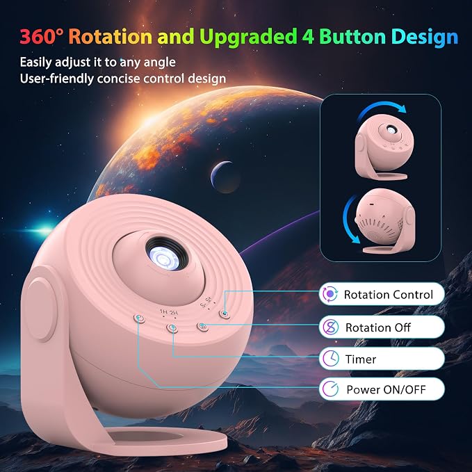 Galaxy Projector for Bedroom, HD Image Star Projector Galaxy Light Adjustable Knob, 12 Film Discs Planetarium Projector for Kids, 360° Rotating 1/2h Timer Simple 4-Button Control Pink