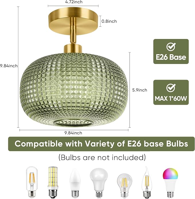 ROTTOGOON Semi Flush Mount Ceiling Light, Adjustable Hanging Gold Sloped Ceiling Lights with Green Glass Shade Vintage Hallway Light Fixtures for Kitchen Bathroom Entryway Bedroom (Bulb Not Included)