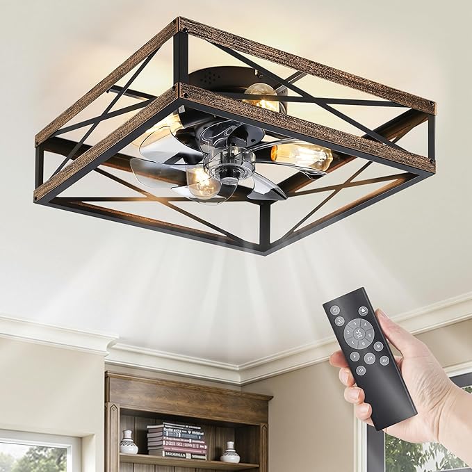 LEDIARY 20” Caged Flush Mount Ceiling Fans with Lights and Remote, Rustic Square Low Profile Ceiling Fan, 6 Speed and Reversible, Small Farmhouse Bladeless Ceiling Fan for Bedroom, Kitchen,Dining Room