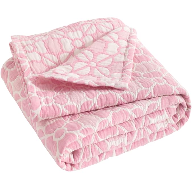 NTBAY 3 Layer Muslin Toddler Blanket, 30 x 40, Pink Clover | Breathable Muslin Cotton Outer Layers with Light Thermal Fill, Reversible for Stroller, Daycare, Travel, and Supervised Use