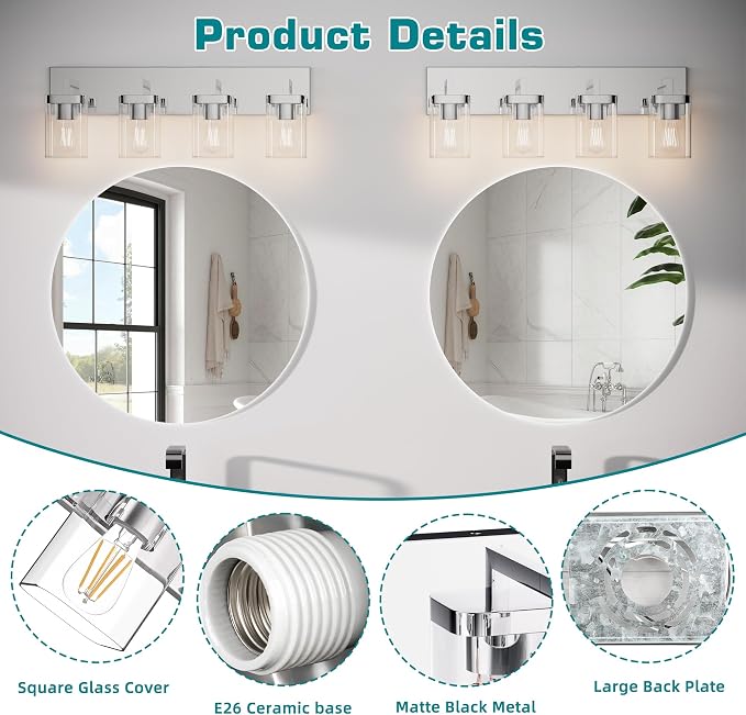 Chrome Bathroom Vanity Light, Square Design 4 Lights Morden Vanity Lighting Fixtures Over Mirror, Bathroom Vanity Light Fixtures for Living Room/Bedroom