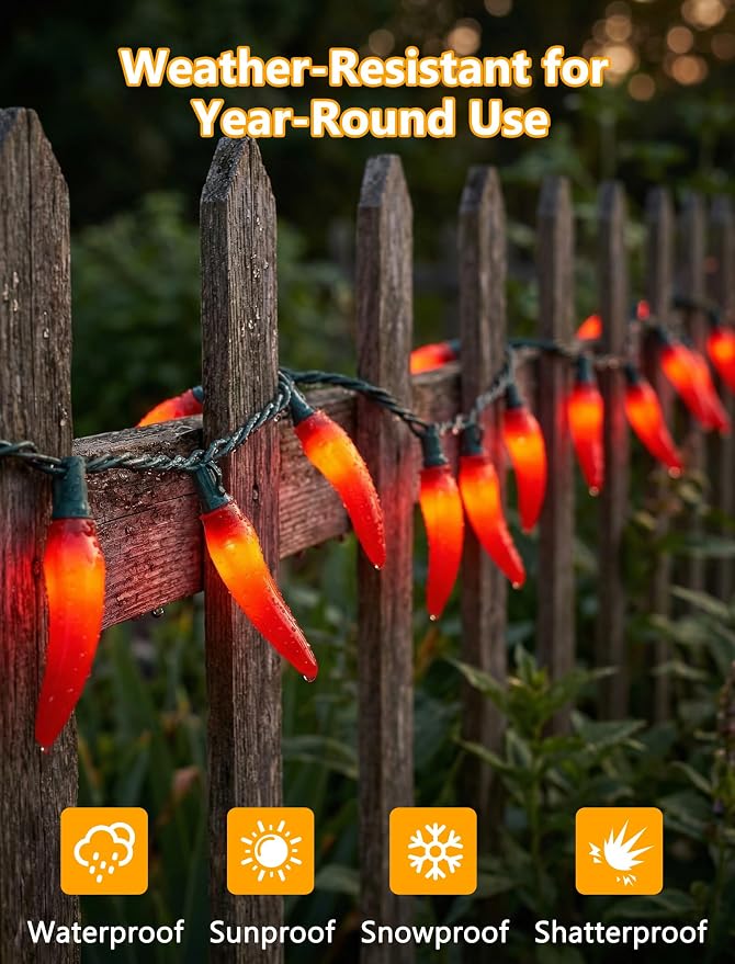35 LED Red Chili Pepper Christmas Lights, 13.6Ft Camping String Lights | Plug in, Shatterproof, Indoor Fairy Lights for Kitchen Cook Off Decorations, Outdoor Patio Summer Decor, Green Wire