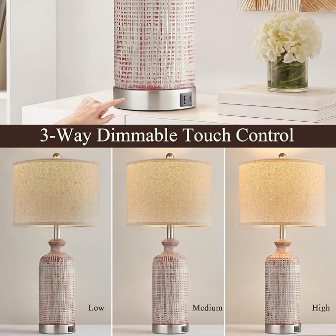 Living Room Lamps Set of 2, 27" Touch Lamps for Nightstand with USB A+C Ports, Modern Farmhouse Table Lamps for Bedroom, Red and White