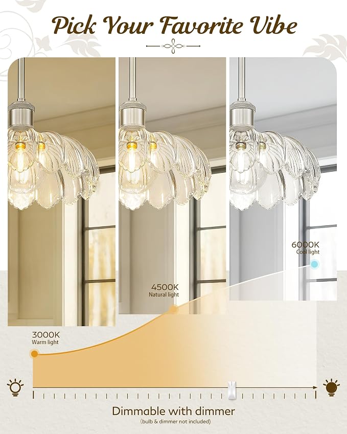 FEMILA Classic Brushed Nickel Flower Glass Pendant Light | 10.4" vintage glass pendant light fixtures for breakfast nooks, dining tables, bar counters E26, adjustable hanging height