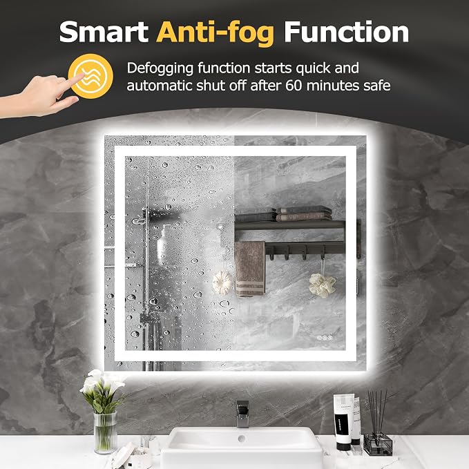Hivone 40"X36" LED Bathroom Mirror with Lights, Anti-Fog, Dimmable, Backlit + Front Lit, Smart Bathroom Vanity Mirror, Memory Function, Shatterproof, Tempered Glass (Horizontal/Vertical)