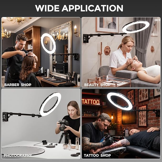 18” Ring Light with Wall Mount Stand and Wireless Remote, 4 Color Filters Bi-Color LCD Display 60W 3000-5800K CRI≥97 Light Ring for Video Recording/Photography/Beauty Shop/Tattoo/Barber