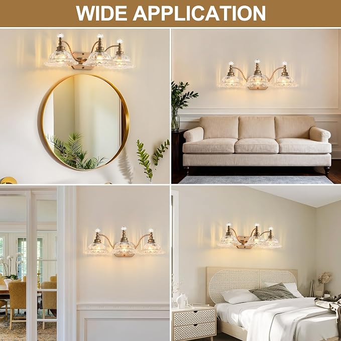 Vintage Bathroom Vanity Light Fixtures, 3-Light Matte Brass Finish Vanity Light with Floral Clear Glass Shades, Retro Wall Sconce for Mirror, Powder Room, Bedroom