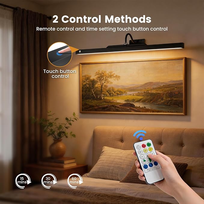 Wireless Picture Light for Wall with Motion Sensor, 24 Inch, Black, 1 Pack | 6000mAh Battery, Cordless, Magnetic Detachable Bar, Rechargeable, Remote Control, 3CCT Dimmable, for Artworks/Photos