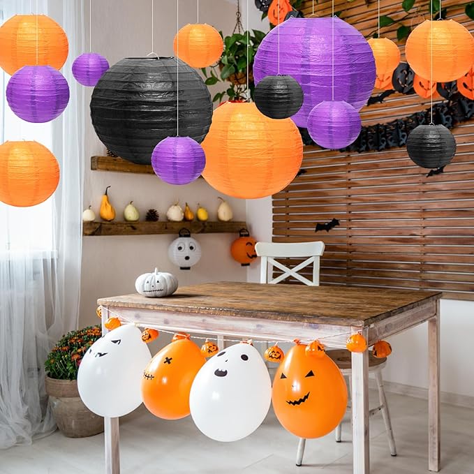 21 Pcs Paper Lanterns Party Decorations, 4/6/8/10 Inch Orange Black Purple Hanging Paper Lanterns for Halloween Decorations, Horror Party, Spooky Home Ceiling Decor Indoor Outdoor