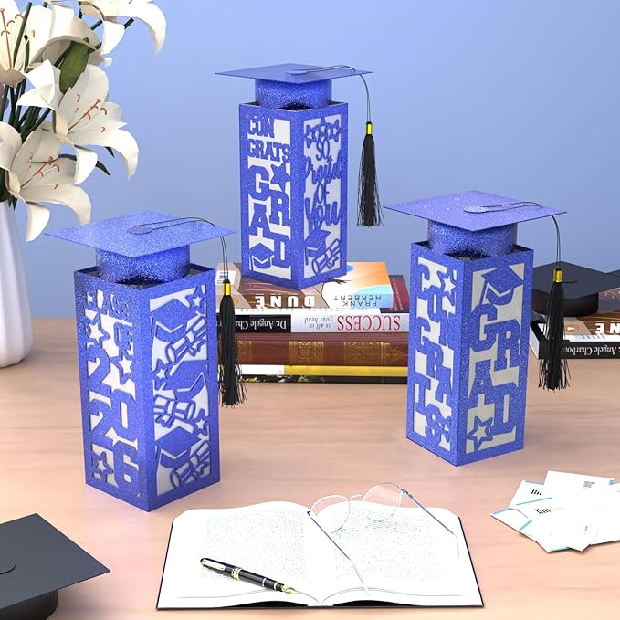 12 Pcs Graduation Table Centerpieces Boxes Class of 2026, Blue Graduation Paper Lanterns Boxes with String Lights Hollow Out for Congrats Grad School College Table Decorations Grad Party Photo Props