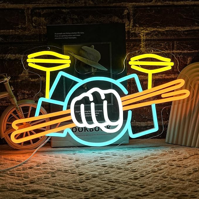 Drum Set Neon Sign for Wall Decor Music Led Sign Musical Instrument Neon Light Drummer Led Light Drum Neon Light Sign for Music Studio Wall Art Musical Show Wall Decor