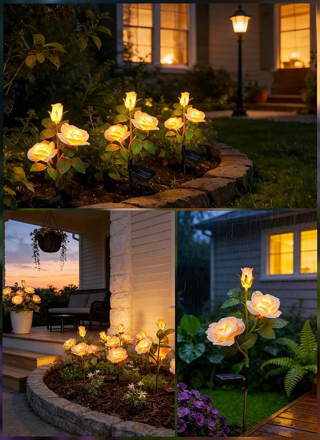 Brightown Solar Garden Lights, 4 Pack LED Rose Flower Lights Waterproof | Larger & Realistic Champagne Rose, Bigger Solar Panel, Waterproof Solar Lights Outdoor for Yard Garden Lawn Pathway Decor