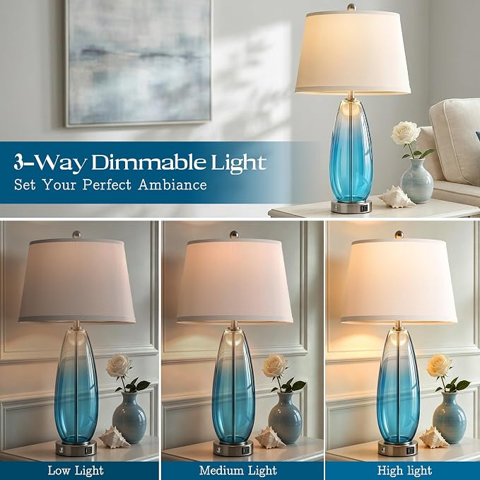 WIHTU 27" Glass Table Lamps for Living Room, Touch Bedside Lamps Set of 2 | Gradient Blue Glass Body, 3-Way Dimming, USB A+C Ports, Included 2 Bulbs,E26 Base,Modern Nightstand Lamp for Bedroom, Office