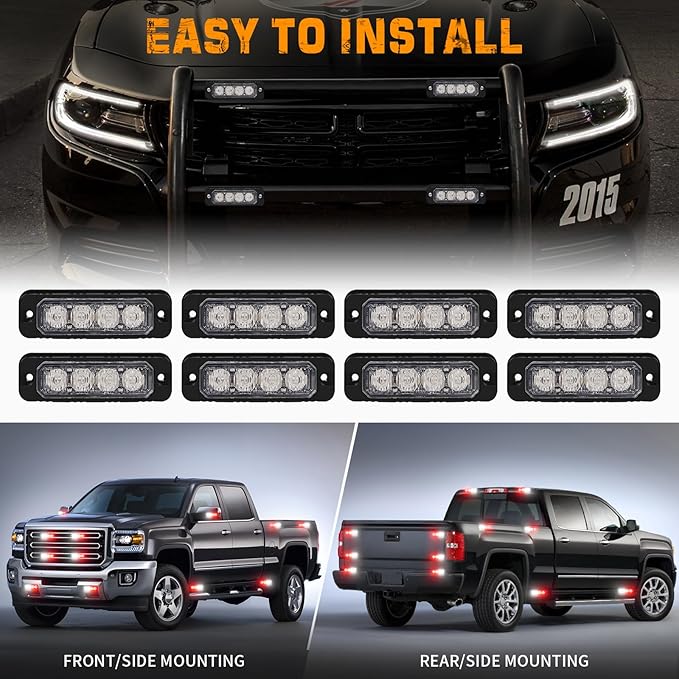 XRIDONSEN 8PCS Sync Grill Emergency Lights 32 LED Red White Firefighter Lights Grille Surface Mount Strobe Flashing Warning Safety Hazard First Responder Light for Vehicles POV Fire Fighter Trucks