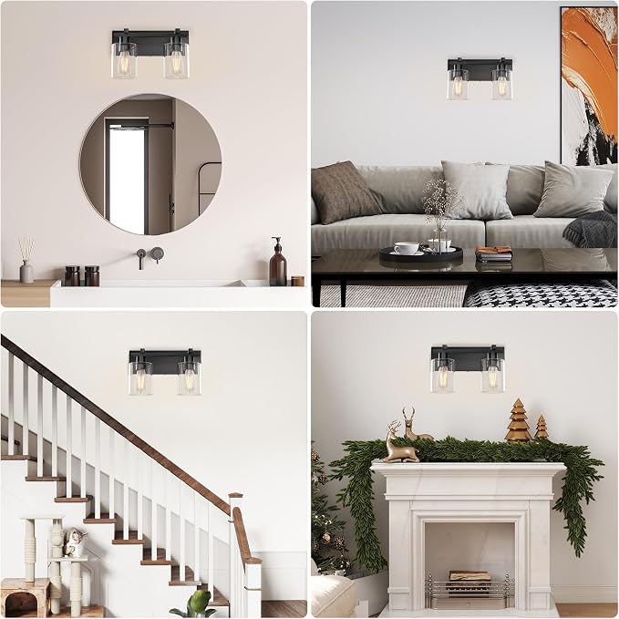 2-Light 13inch Matte Black Vanity Light, Thickened Clear Glass | Over Mirror for Bathroom, Rust Resistant, E26 Base, Easy Install, Removable Glass Shade Horizontal Mount, Dimmable