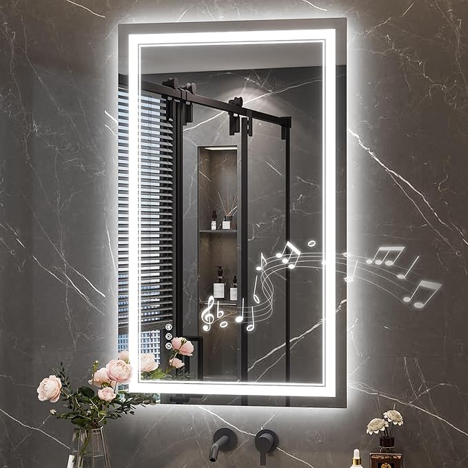 Keonjinn 40 x 24 Inch Lighted Mirrors for Bathroom Wall with Bluetooth Speaker, Frontlit & Backlit LED Bathroom Mirror, Smart Mirror Bathrooms, Tempered Glass, 3 Color Temperature, Dimmable, Anti-Fog