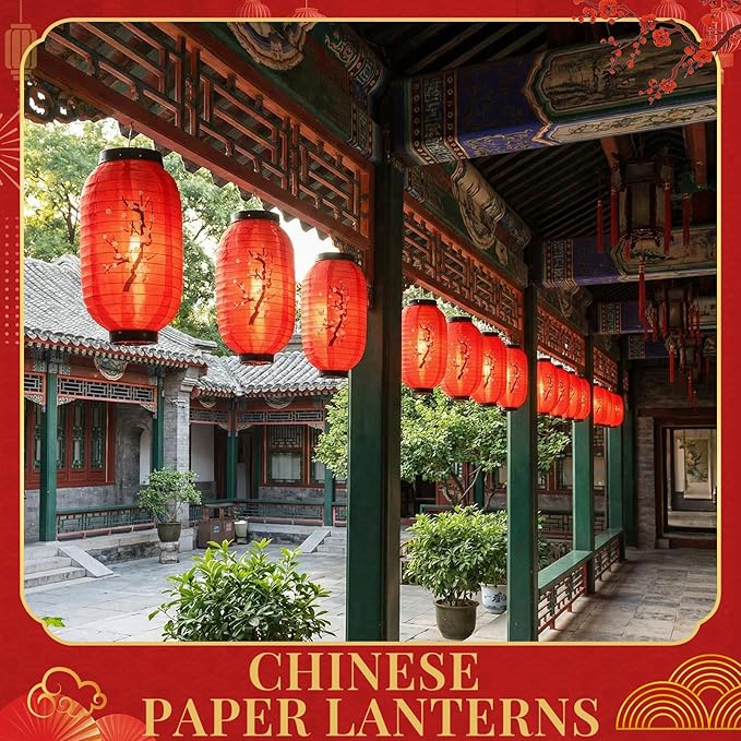 Baquler 24 Pcs Japanese Cherry Blossom Silk Lanterns 8 x 14 Inch Hanging Sakura Lantern Decorations for Wedding Party Restaurant Festival Decor Including 12 Lanterns and 12 Lights(Plum Bossom)