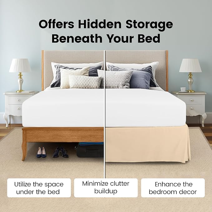 King Bed Skirt, Hides Under-Bed Storage 16 Inch Drop, Pleated, Beige | Easy Fit Design, Shrinkage & Fade Resistant, Hotel Style, Microfiber Durable Fabric, Machine Washable