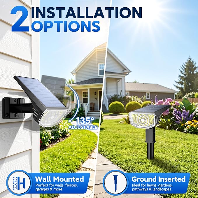 Solar Spot Lights Outdoor Waterproof IP65, 100 LED Solar Lights Outdoor | Super Bright Solar Spotlights 6500K&2 Lighting Modes , 2-in-1 Ground Spike & Wall Mount Solar Landscape Spotlights for Yard