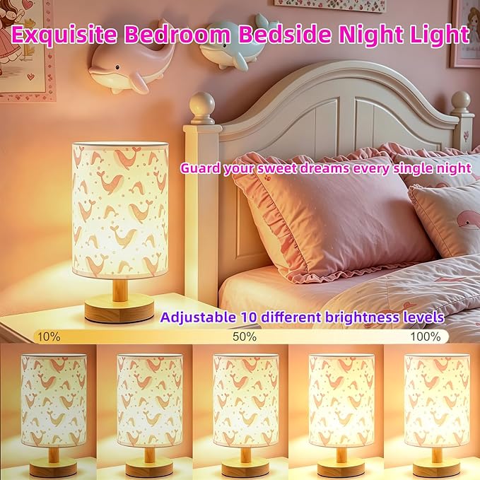 Whale Kids Table Lamp for Bedroom,Kids Bedside Lamps 3 Colors Dimmable Nightstand Night Light with Cartoon Flaxen Fabric Shade Desk Lamp for Girls Boys Room Nursery Ocean Decor,Birthday Kids Gift
