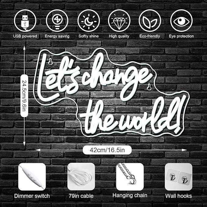 Horseneon Let's Change the World Neon Led Sign, White Neon Signs for Wall Decor, Neon Lights Signs with USB Powered for Bedroom, Living room, Wall Hanging Decor