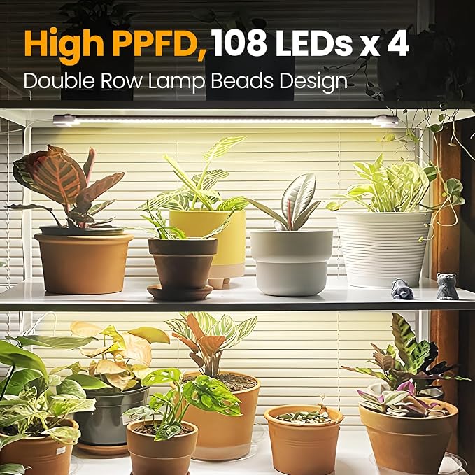 Grow Lights for Indoor Plants 6500K Full Spectrum Plant Strip Lights | 16" LED Plant Grow Light Strips with 432 LEDs, 3/6/12H Auto Timer, 6-Level Dimmable, 4-Pack