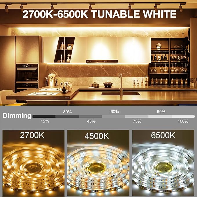 DAYBETTER Under Cabinet Lighting Kit,10 PCS White LED Strip Lights with APP | Dimmable,2700K-6500K Dual-Color Warm White,Timing,24V Adapter,Under Cabinet LED Lights for Bedroom,Kitchen,Counter,16.4ft