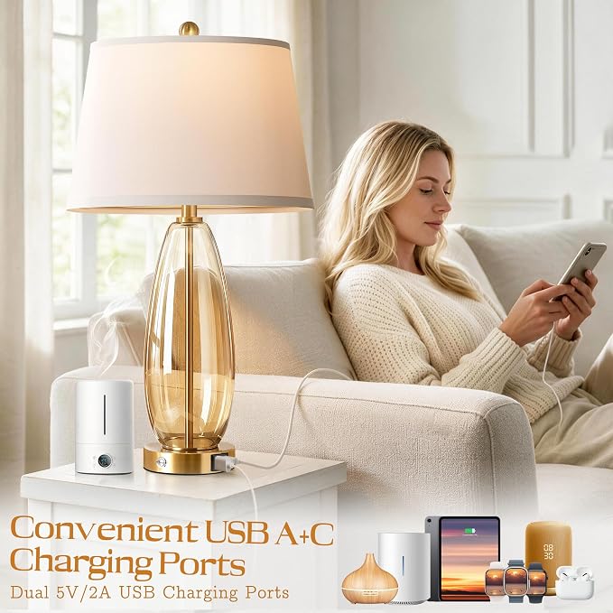 WIHTU 27" Glass Table Lamps for Living Room, Touch Dimming Lamps Set of 2 | Gradient Brown Glass Body, 3-Way Dimming, USB A+C Ports, Included 2 Bulbs,E26 Base,Modern Nightstand Lamp for Bedroom, Office
