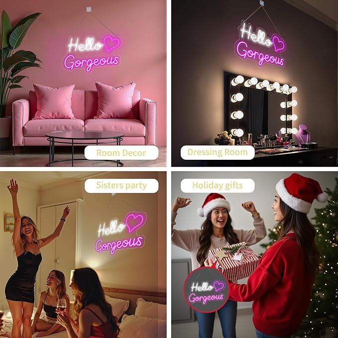 Hello Gorgeous Neon Signs for Wall Decor, for Sign with Dimmable Switch - for Girls Bedroom, Makeup Room Decor Home Wedding Birthday Backdrop (16in White+Pink)