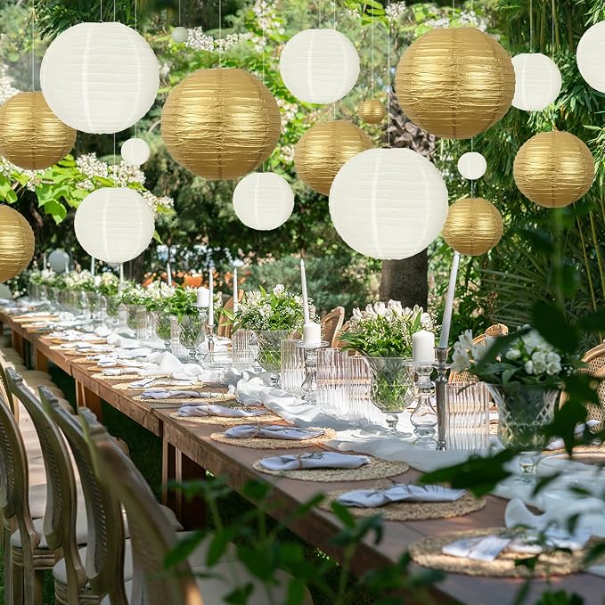 20Pcs Paper Lanterns Decorative, Gold and Ivory 6"8"10" for Home Decor | Round Hanging Paper Lanterns Decorations for Rustic Party Bridal Shower Wedding Engagement Birthday Classroom Ceiling Decor