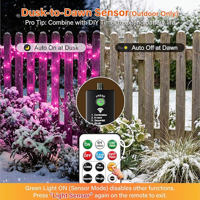 ZSJWL Rechargeable Fairy Lights with Remote，66ft 200 LED Outdoor Battery String Lights with DIY Timer & Light Sensor, Waterproof Dimmable Twinkle Light for Tree Christmas Indoor, Pink