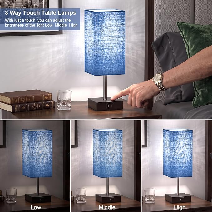 Bedside Table Lamps for Bedroom Touch Nightstand Lamp with USB C+A | Set of 2 Navy Blue Lampshade 14-inch, 3 Way Dimmable, Small Bedside Lamps for Living Room ,Dorm, Office, LED Bulbs Included