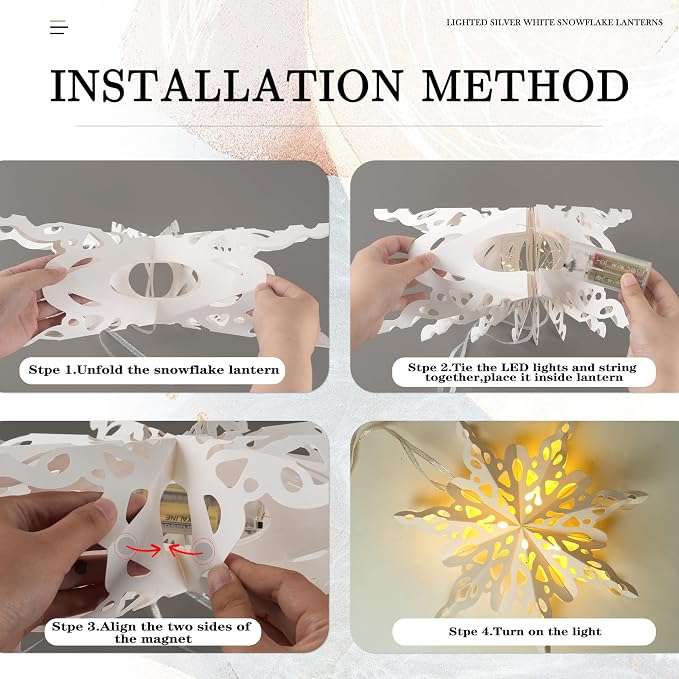 12Pcs Christmas Paper Snowflake Lantern with LED Light, Christmas Paper Star Lantern White Beige Khaki Hanging Hollow Snowflake Lantern for Xmas Holiday Wedding Frozen Birthday Party Home Winter Decor