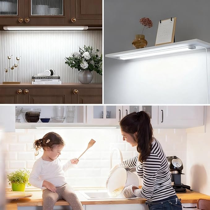 2Pcs 16 Inch Under Cabinet Lights with Hand Wave, Under Counter Lighting 5000K Cold White,Dimmable,Plug and Play,LED Lights for Kitchen Cabinet, Cupboard, Closet, Desk