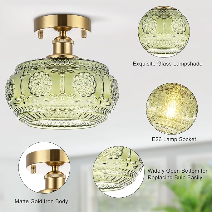 Semi Flush Mount Ceiling Light Fixture - Brass & Gold Floral Design, Green Glass Shade, Vintage Modern Lighting for Kitchen, Bathroom, Entryway (Bulb Not Included)