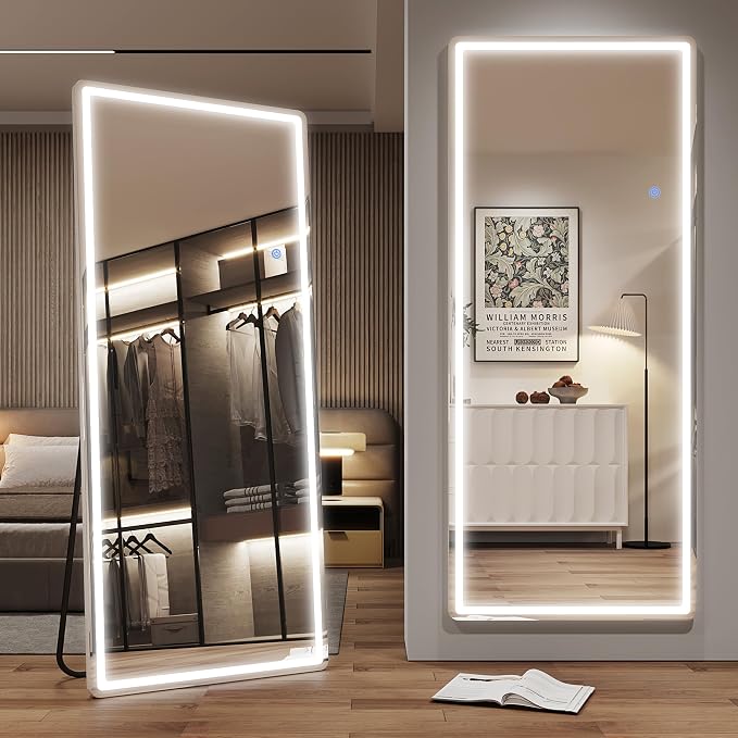 Antok LED Full Length Mirror with Light, 71"x28" Lighted Full Body Mirror with Stand, Dimmable & 3 Color Lighting Standing/Leaning/Wall Mounted Vanity Mirror for Bedroom Cloakroom Livingroom(Rect)