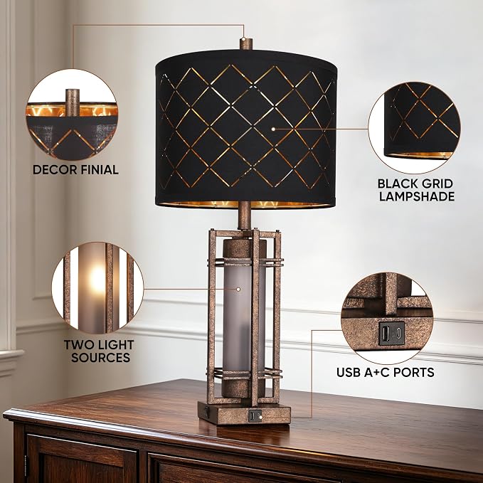 WIHTU Vintage Finish Table Lamp Set of 2 with USB Ports, Metal Desk Lamps | Black Grid Shade, Square Base, LED Bulbs Included E26 Base, with USB Port, Rocker Switch, Desk Lamps for Living Room, Bedroom