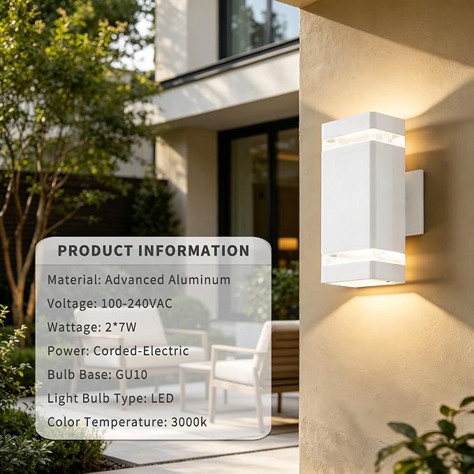 JYV Square Outdoor Wall Lights, Up and Down Porch Lights, White 2 Pack | Aluminum Exterior Lighting Fixtures with 2 * 7W Bulbs 3000K, Waterproof Outdoor Sconces Wall Lighting, for House Porch Garage