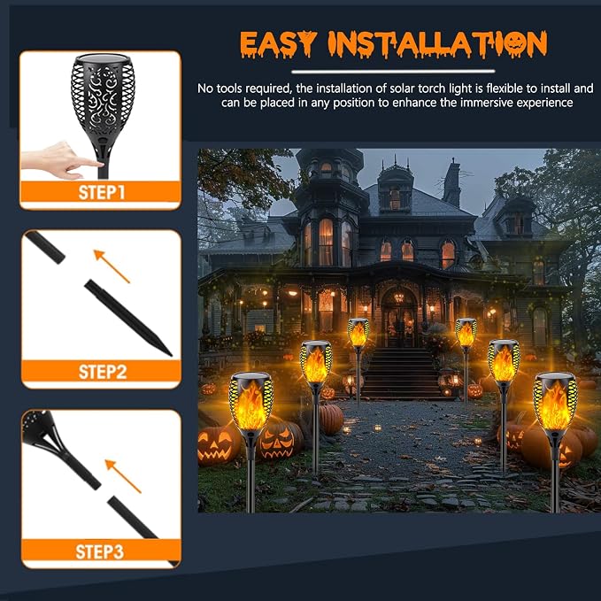 Solar Torch Lights with Flickering Flame Larger Size Solar Flame Lights | 8 Pack Upgraded Solar Lights Outdoor for Halloween Decor, Waterproof Solar Tiki Torches Outdoor for Garden Yard Pathway Patio